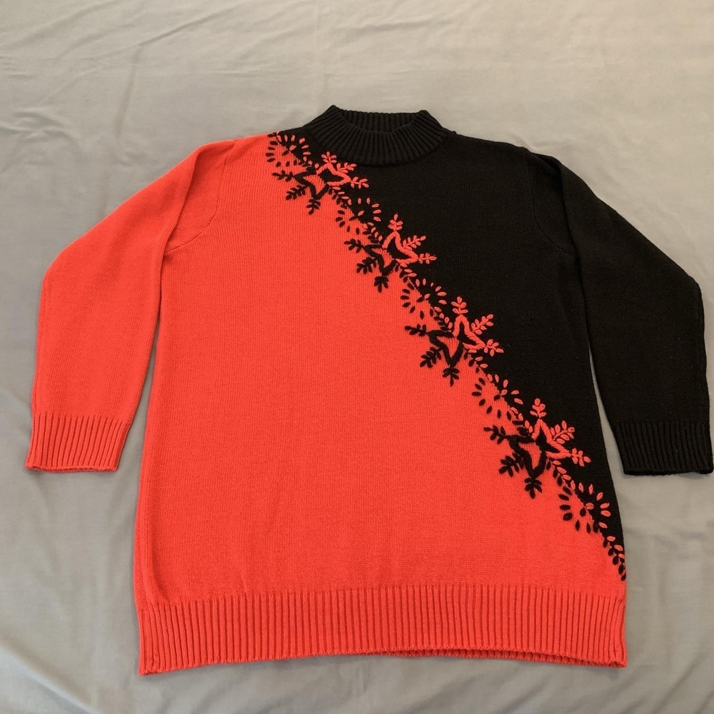 Venezia Vitale Sweater Womens Large Red Black Floral Colorblock‎ Tunic Knit